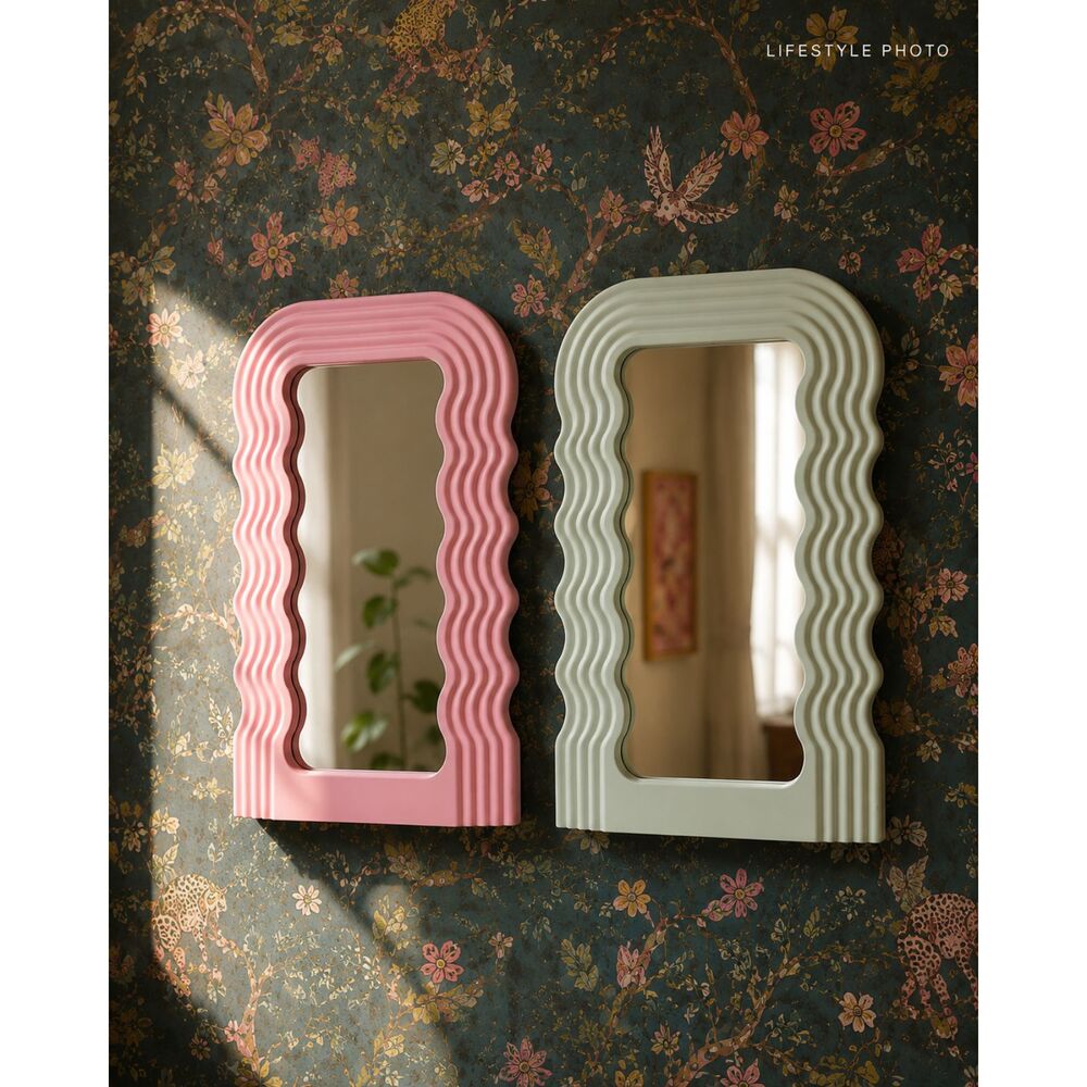 2 Wavy Mirrors Pink & Sage Green | Whimsical Decor | Retro Funky Wall hanging